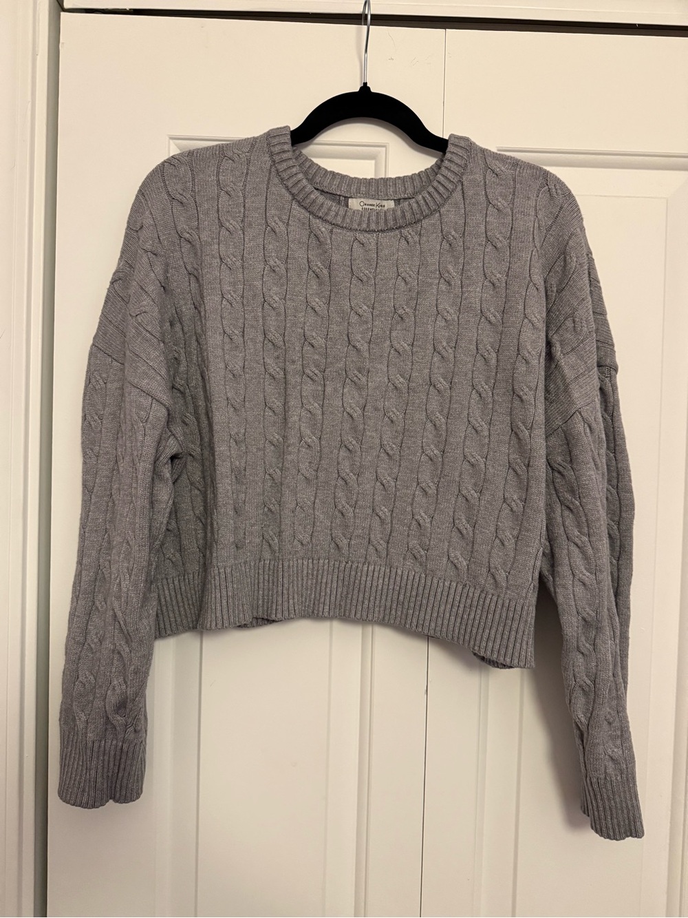 Cropped Light Gray Cable Knit Crewneck Sweater